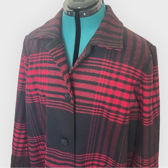 J. Jill Buffalo Plaid Black & Red Pea Coat Women’s Large - Picture 5 of 11